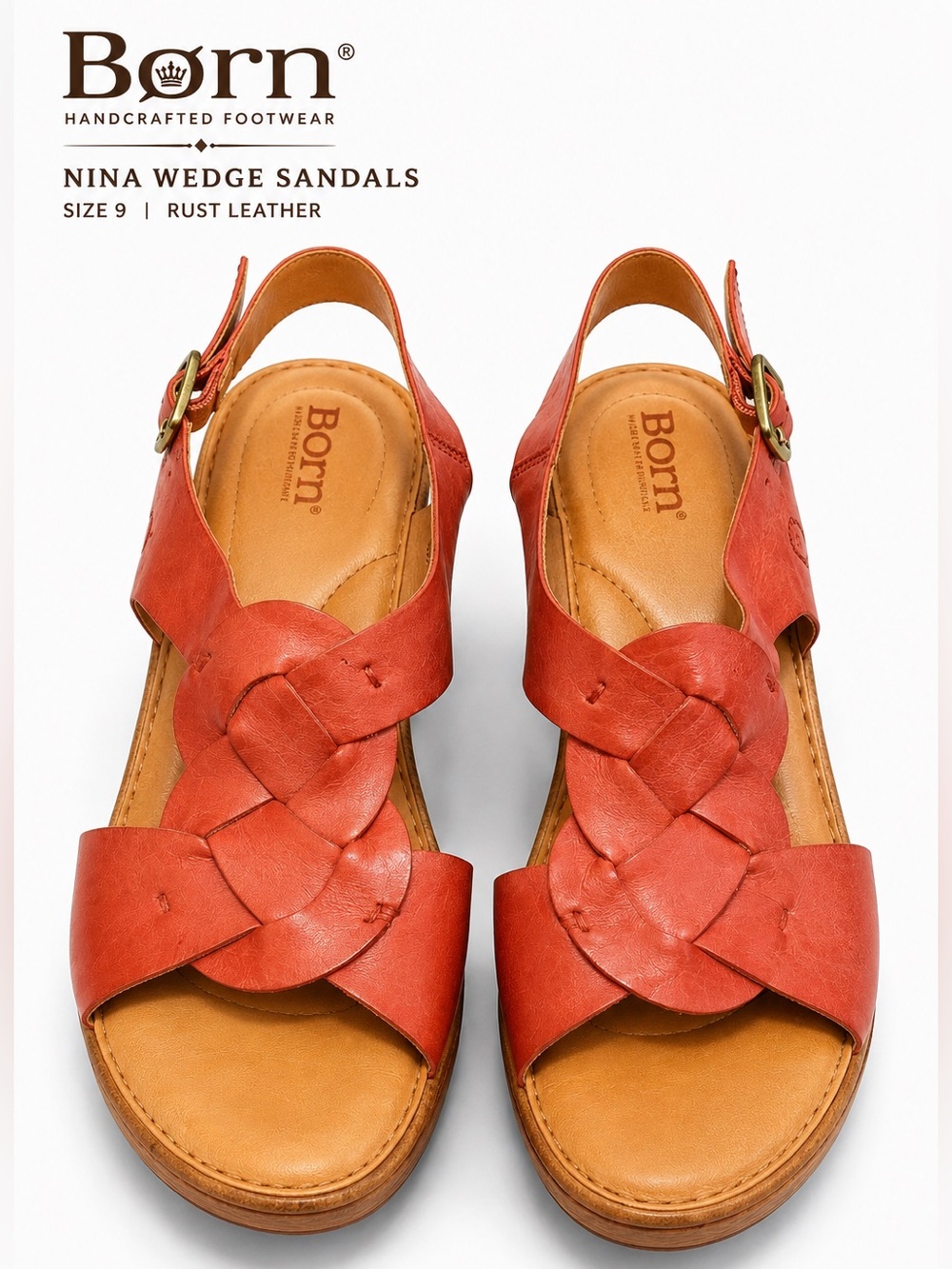 Born Nina Leather Wedge Sandals Size 9 Rust Orange Braided Slingback Comfort